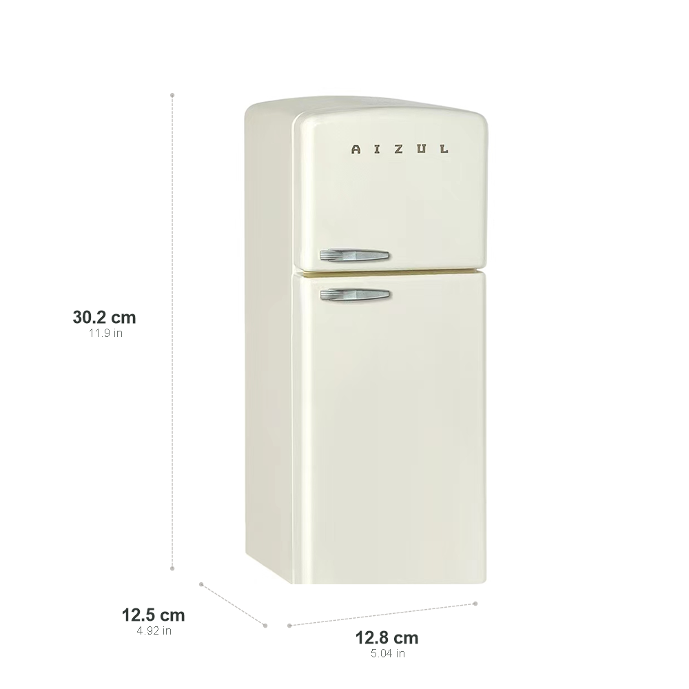 Off white 1:6 dollhouse refrigerator dimension chart showing 30.2 cm height, 12.8 cm width and 12.5 cm depth`