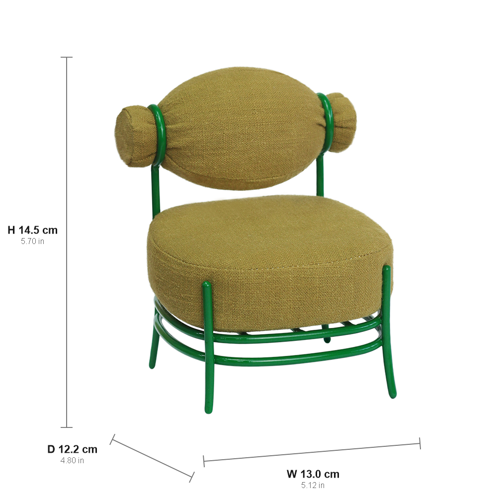 Yellow 1:6 scale candy sofa chair dimension chart showing W 13.0 cm, D 12.2 cm and H 14.5 cm