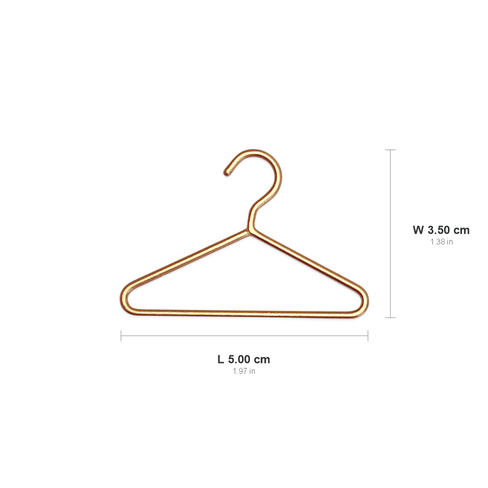 1:12 metal miniature clothes hanger dimension chart showing W 5.00 cm and H 3.50 cm with inch conversions