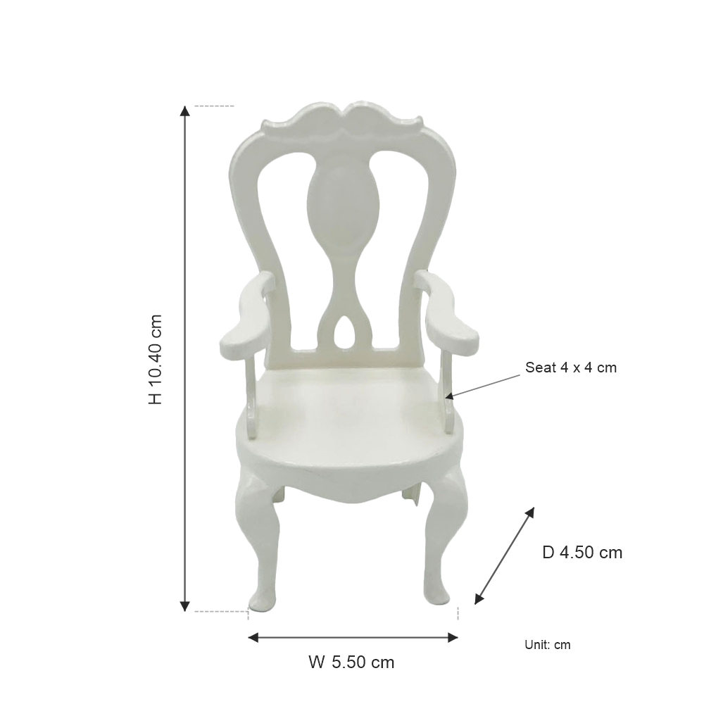 White 1:12 scale Princess Chair size chart showing 5.5 x 4.5 x 10.4 cm dimensions and 4 x 4 cm seat
