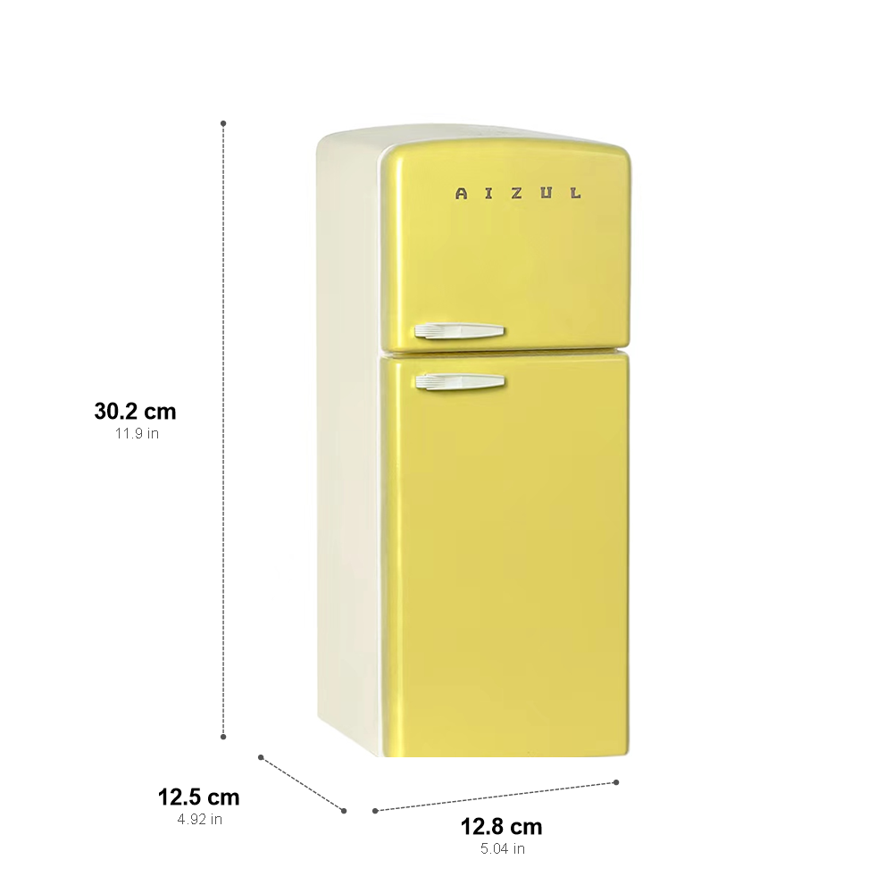 Yellow 1:6 dollhouse refrigerator dimension chart showing 30.2 cm height, 12.8 cm width and 12.5 cm depth