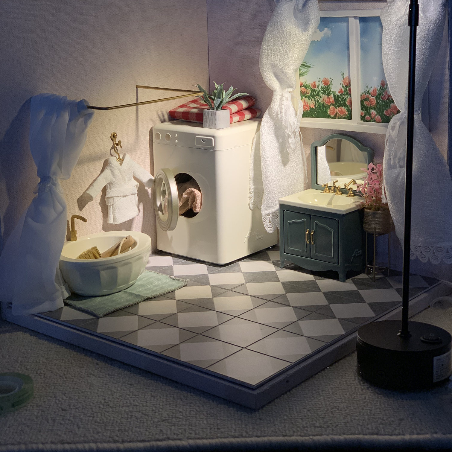 Double Side Floor- Herringbone Parquet Wood Floor & Teal Tile Floor Dollhouse Miniature - miniature dollhouse miniature in