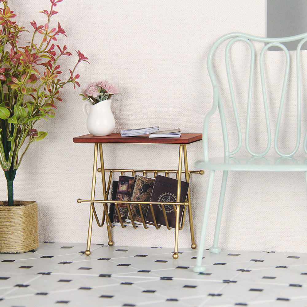 Side Table Dollhouse - Walnut 1/6 Scale Dollhouse Miniature - 1:6 scale dollhouse miniature in metal, wood, view 4