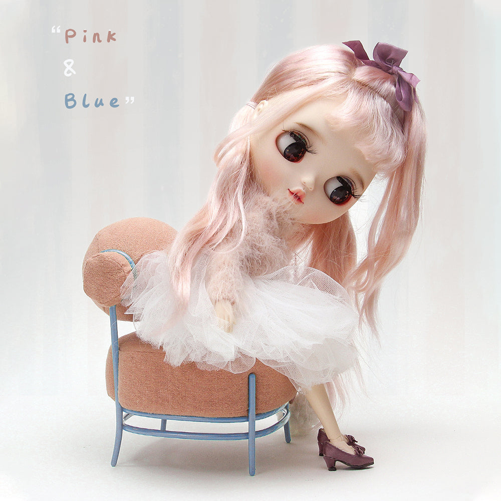 Limited Pink & Blue Candy Sofa - 1/6 Scale Dollhouse Miniature - 1:6 scale miniature sofa in metal, fabric, view 5